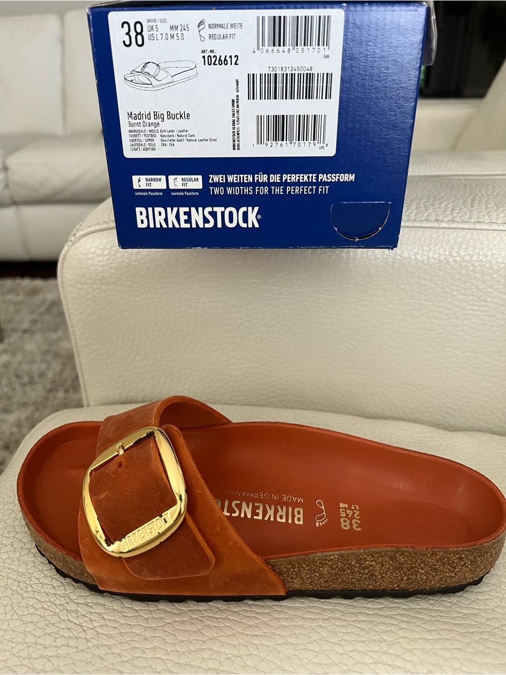 Birkenstock Madrid Big Buckle Sandal in Burnt Orange with Gold Buckle
